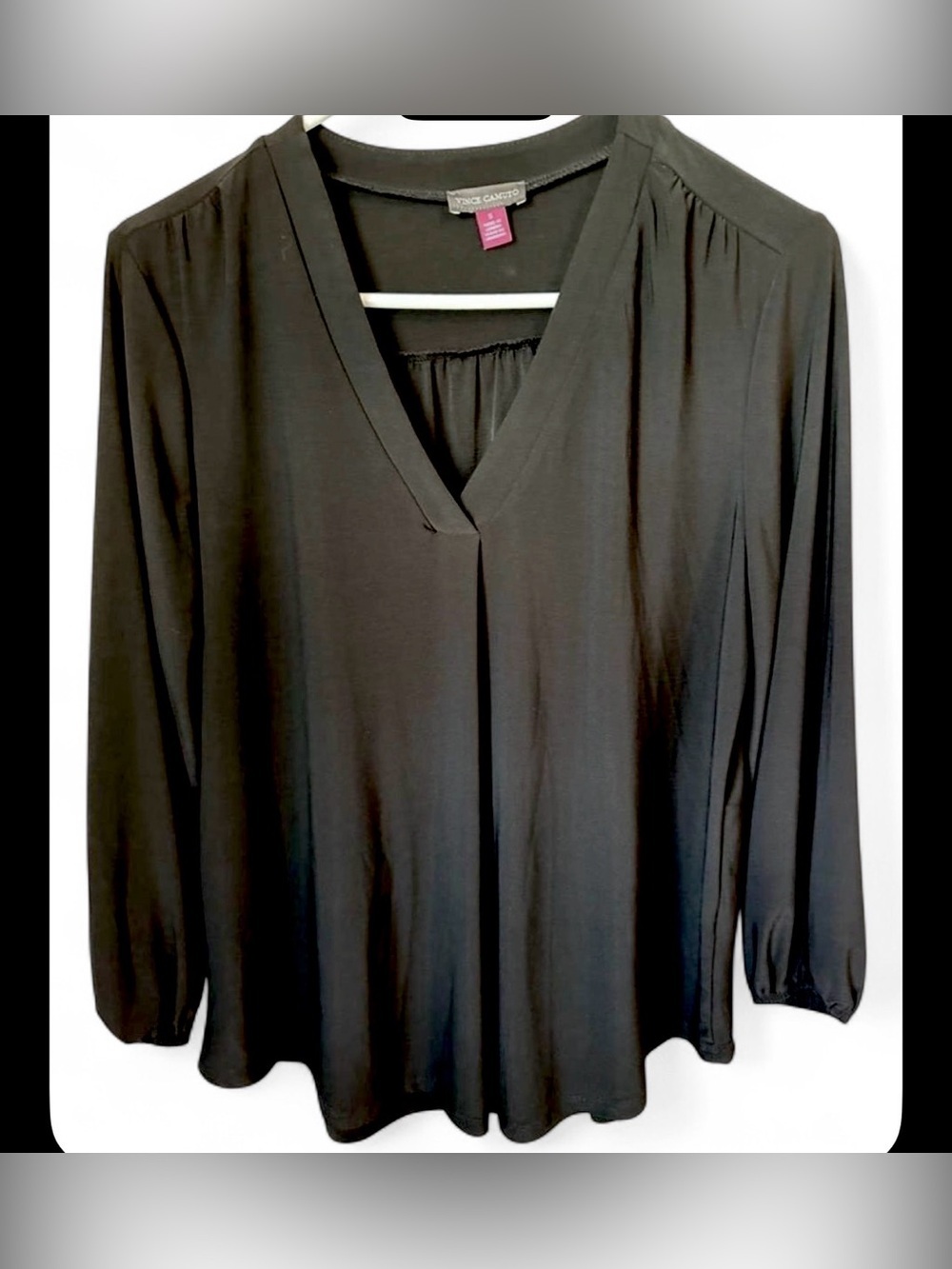 Vince Camuto Women’s Small Black V‑Neck Long Sleeve Draped Blouse